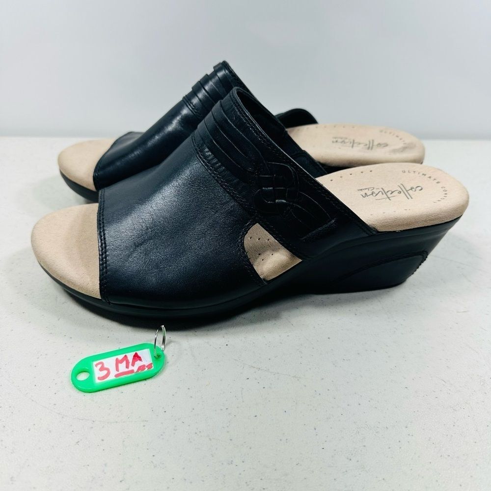Clarks Lynette Trudie Mahogany Leather Open Toe Wedge Mules Women’s Size 7,5 E